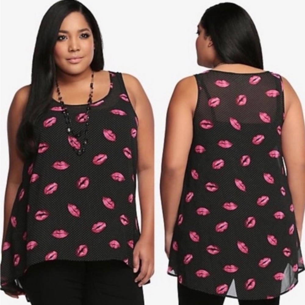 TORRID Black Pink Lips Dot Mesh Tank Top